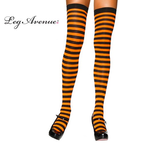 Thigh High Stockings - Opaque Stripe - Black & Orange