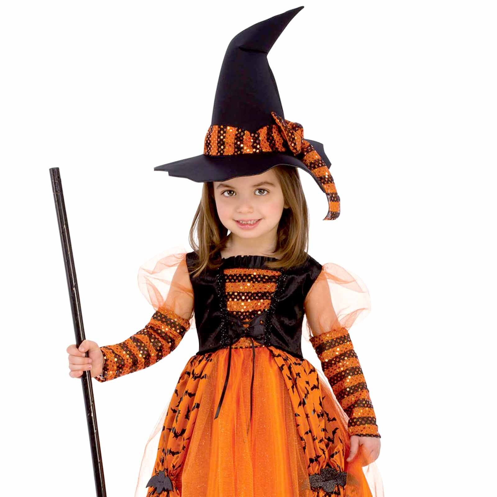 Orange Black Sparkle Witch Costume Girls Halloween Long Dress