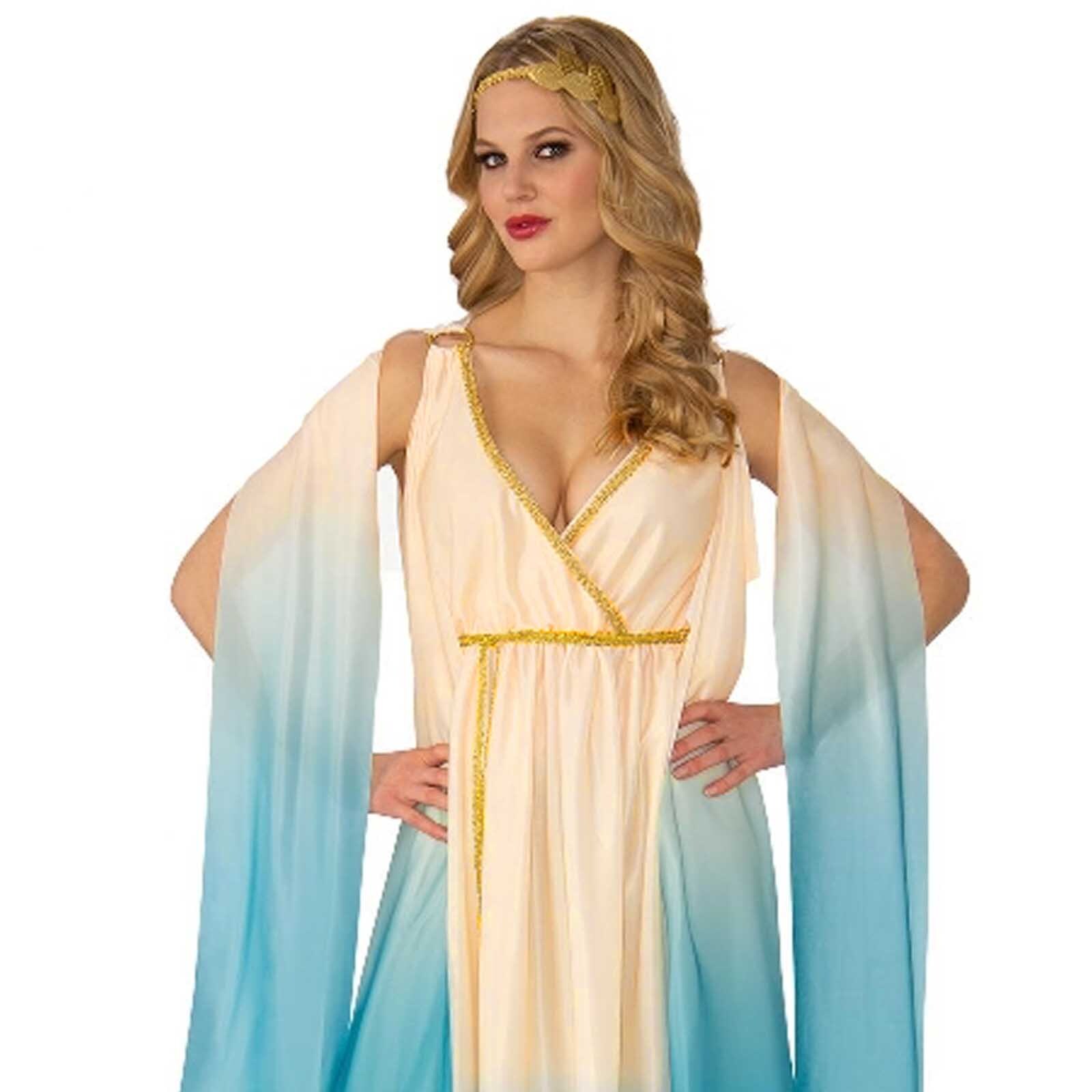 Athena Greek Goddess Costume  Womens Roman Toga Cream Blue 