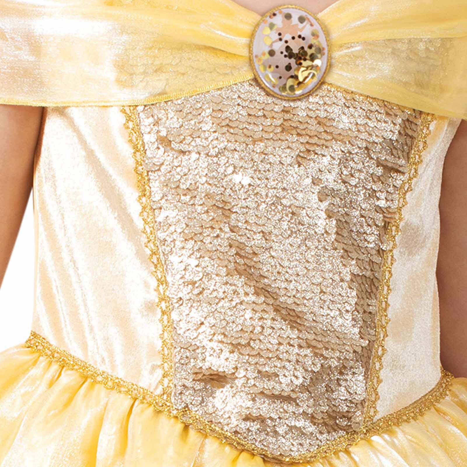 Belle Ultimate Princess Costume Child Disney Glitter Dress Gold Print Fairytale - Picture 7 of 20