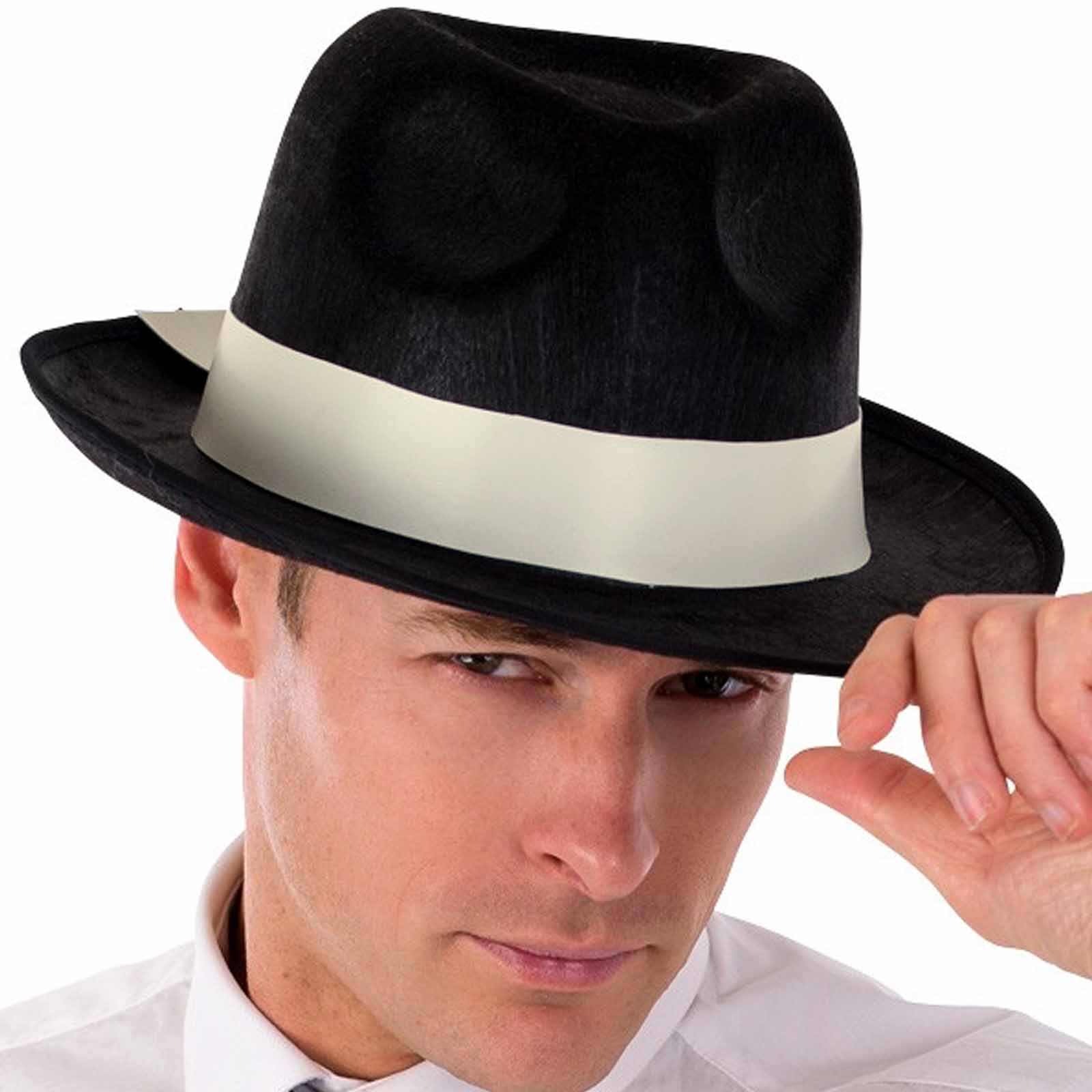 Gangster Fedora Hat Black w/ White Band 