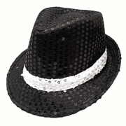 Black Sequin Trilby Hat with White Band - One Size