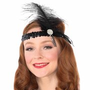 Black Flapper Headband with Feather