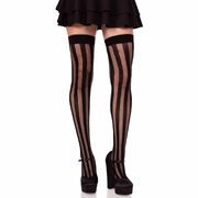 Black Net & Opaque Stripe Thigh High Stockings - Adult One Size