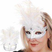 White & Silver Feather Masquerade Eye Mask