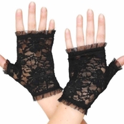Black Lace Fingerless Gloves (Narrow Ruffles) - Short