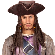 Caribbean Pirate Tricorn Hat with Dreadlocks (Brown) - Adult
