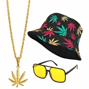 Rasta Weed Set (Bucket Hat, Glasses, Leaf Necklace)
