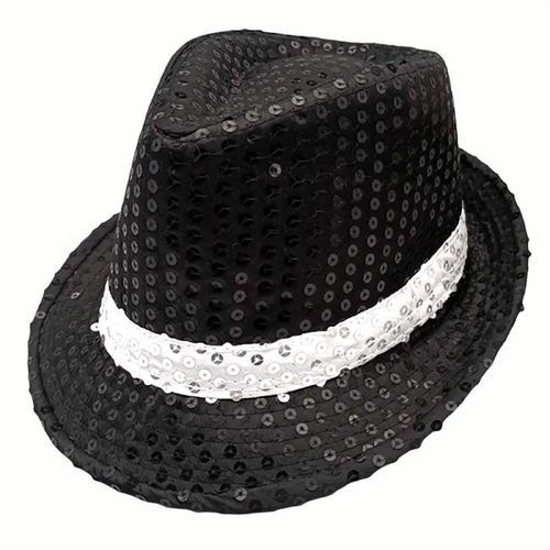 Black Sequin Trilby Hat with White Band - One Size