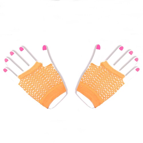 80s Short Fingerless Fishnet Gloves - Orange