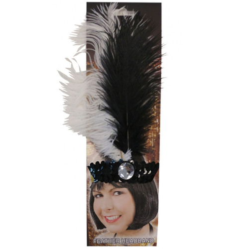 20s Sequin Headband with Feather - Black/White