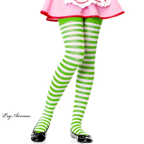 Girls Stripe Tights - Green & White - XL