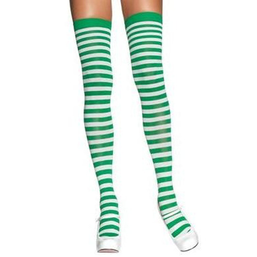 Thigh High Stockings - Opaque Stripe - White & Kelly Green