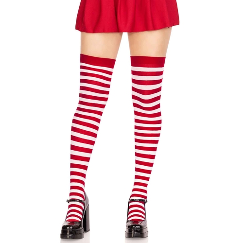 White & Red Stripe Thigh High Stockings (Cari) - Adult Standard