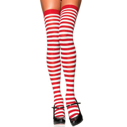 Thigh High Stockings - Opaque Stripe - White & Red