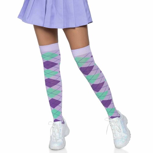 Argyle Knit Over The Knee Socks - Lavender
