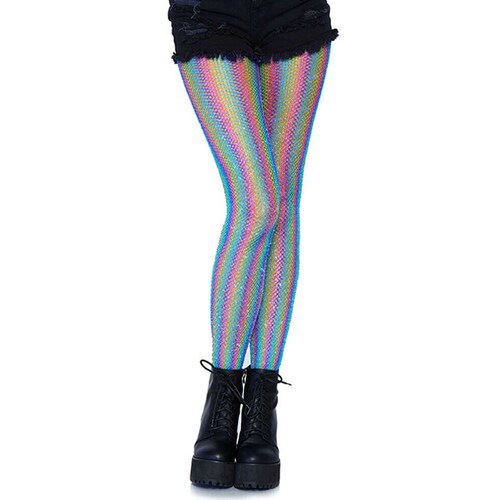 Shimmer Rainbow Striped Fishnet Tights - Blue