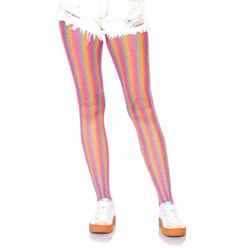 Shimmer Rainbow Striped Fishnet Tights - Pink/Purple