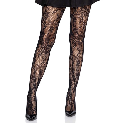 Black Chantilly Floral Lace Tights - Adult One Size