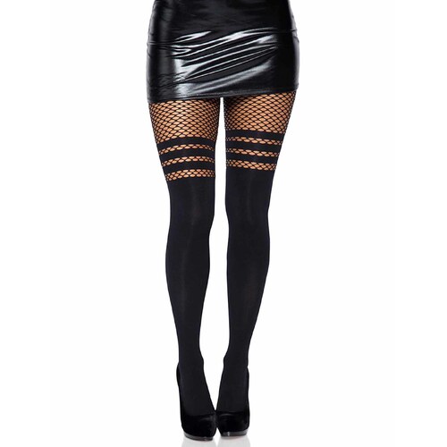 Black Opaque Faux Thigh High Tights (Striped Fishnet Top) - Adult One Size