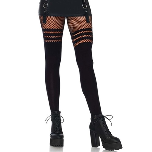 Black Opaque Faux Thigh High Tights (Striped Fishnet Top)