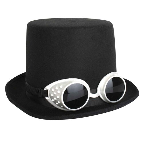 Black Steampunk Hat with Silver Goggles - Adult (61.5cm)