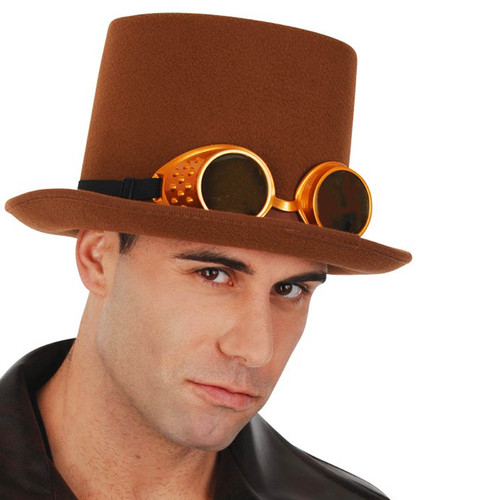 Brown Top Hat with Steampunk Goggles