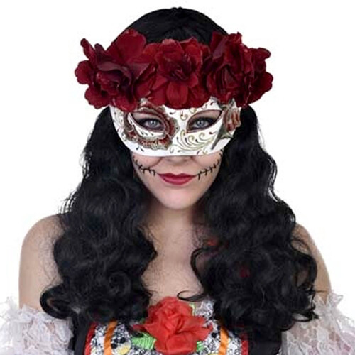 Catrina Day of the Dead Eye Mask with Flowers (Deep Red/White)