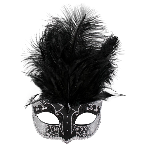 Black & Silver Masquerade Mask with Feathers (Carmela)