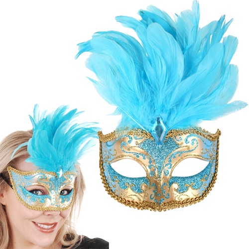 Turquoise & Gold Feather Eye Mask