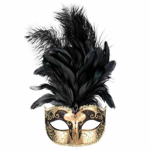Sienna Black & Gold Eye Mask with Feathers