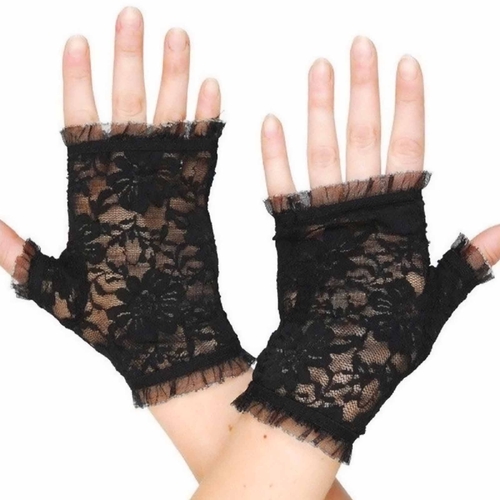Black Lace Fingerless Gloves (Narrow Ruffles) - Short