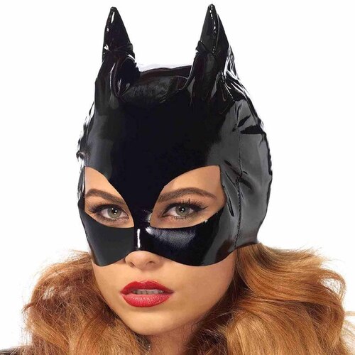 Wet Look Faux Vinyl Catwoman Mask (Black) 