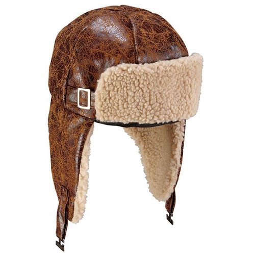 Aviator Hat (Brown Leather Look with Plush Edge) - Adult